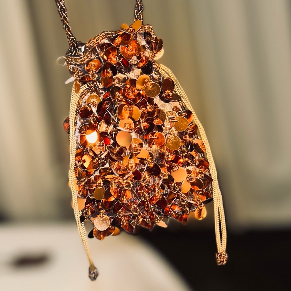 Vintage 80’s Sequin & Beaded Embellished Mini Drawstring Bag Copper & Brown